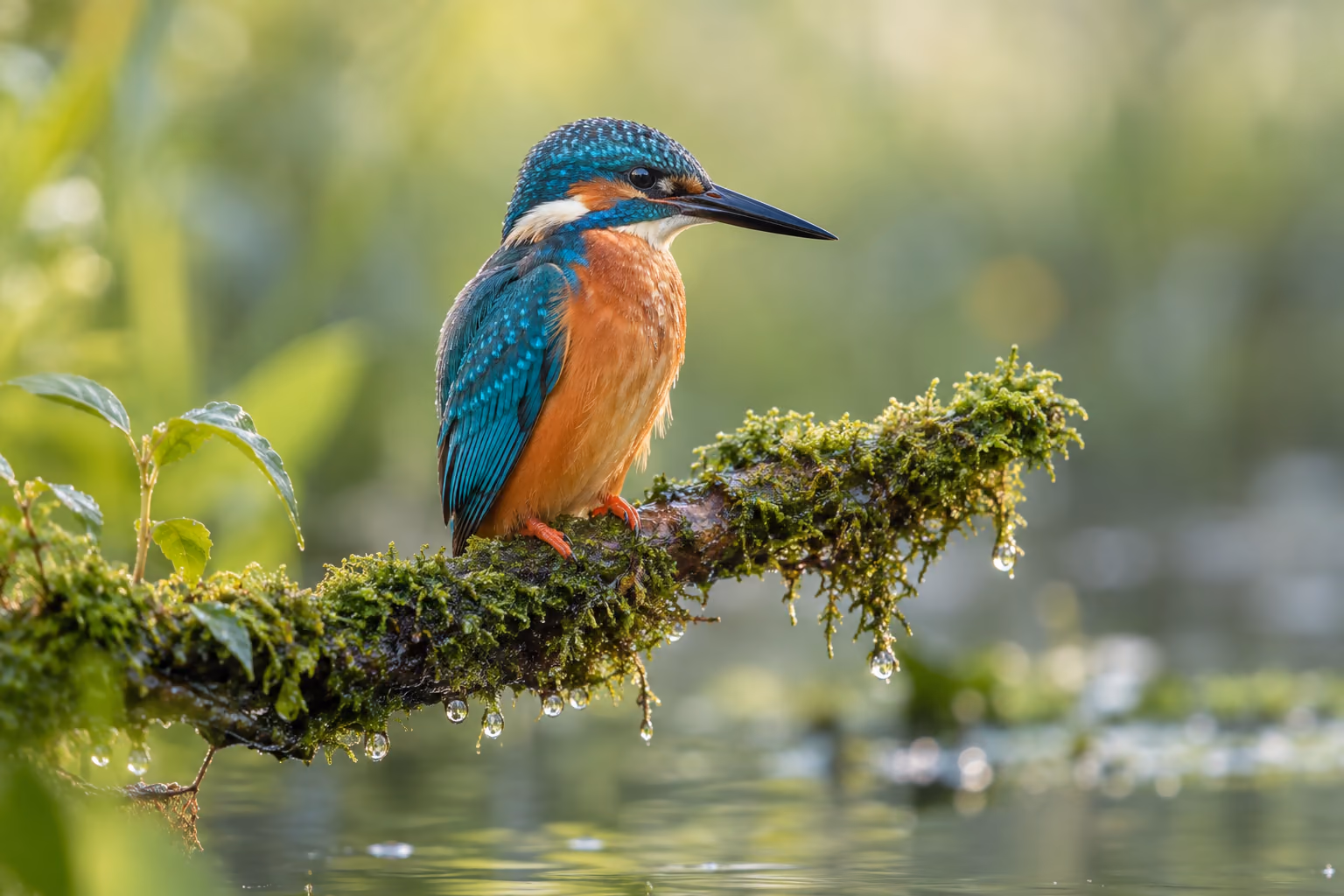Close-up of a colorful kingfisher perched on a moss-covered branch