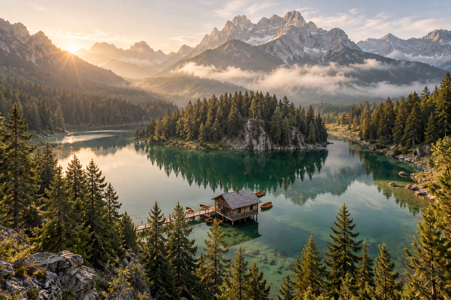 Green alpine lake surrounded by mountain peaks, with a wooden cabin on the shore